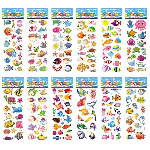 12 Blatt 3D Meerestiere Aufkleber, Kinder Cartoon Fische Puffy Sticker, 3D Ozean Tier Sticker Set, Verschiedenen Unterwasserwelt Tropische Fische Aufkleber, für Jungen Mädchen Geburtstag Dekoration von KkvoGmle