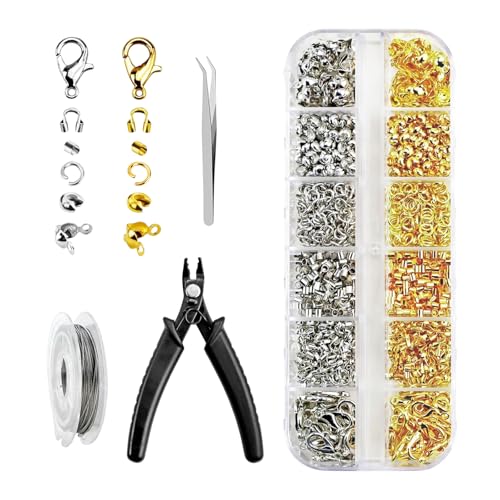 1200 Stück Quetschperlen Set, Anfänger DIY Armband Verschlüsse Set für die Schmuckherstellung, Crimp Perlen Set Zubehör Karabinerverschlüsse, mit 6 Zubehörteilen, 1 Crimpzange, 1 Pinzette, 20m Stahldr von KkvoGmle