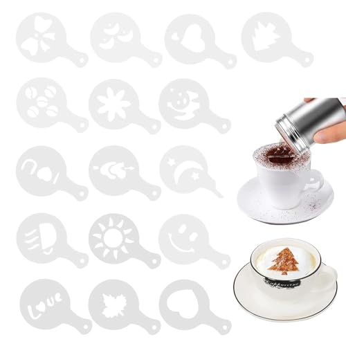 16 Stück Kaffee Schablonen Vorlage, Cappuccino Form Phantasie Kaffee Druck Modell, Latte Dekorationsschablone, Cappuccino Schablonen Kaffee Milchschaum Schablonen für Kaffee Kuchen Dekorieren von KkvoGmle