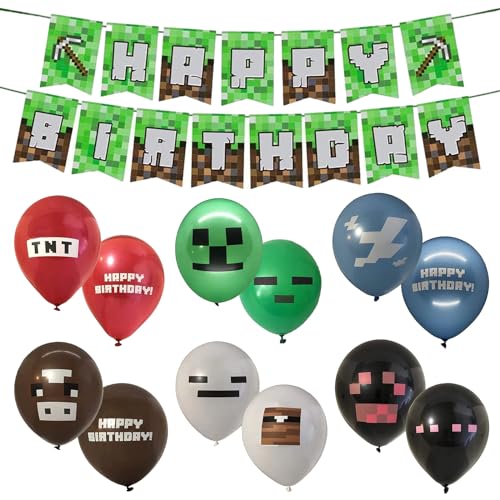 18 Minecraft Ballons Geburtstagsdeko, Minecraft Party Dekoration, Happy Birthday Banner, Spiel Party Ballons Zubehör, Minecraft Geburtstag Party Dekoration für Jungen, Mädchen von KkvoGmle