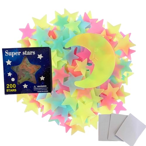 201 Stück 3D Wandsticker Set, Leuchtende Bunt Sterne Wandsticker im Dunkelen für Decke, 200 Sterne und 1 Mond, Erstellen Realistischen Sternenhimmel, Leuchtsterne Wandsticker für Kinderzimmer Deko von KkvoGmle