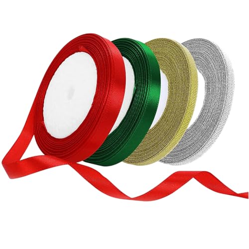 4 Rollen Satinband, 10 mm x 22 m, Weihnachtsbänder, Weihnachtsgeschenke, Geschenkbänder für Hochzeitsdekoration, Verpackung, DIY, Handwerk (Rot, Grün, Gold, Silber) von KkvoGmle