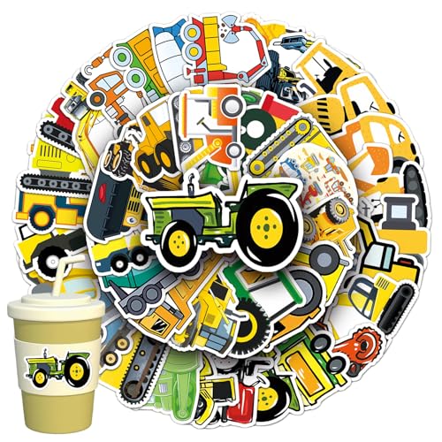 50 Stück Bagger Sticker Set, Wasserfeste Vinyl Baustelle Aufkleber Baumaschinen Auto Traktor LKW Sticker, Kinder Aufkleber für Gepäck, Graffiti, Skateboard, Scrapbook, Laptop, Handytaschen, Koffer von KkvoGmle