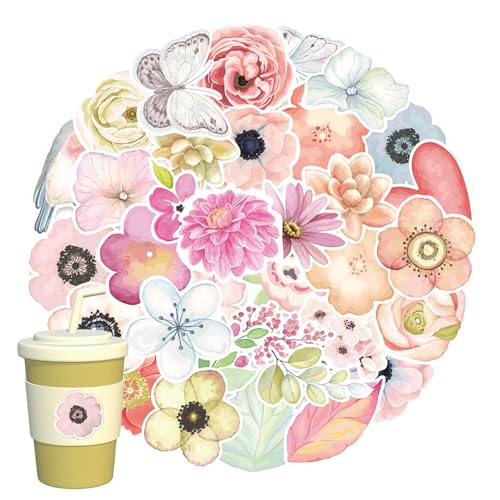 50 Stück Blumen Aufkleber, Wasserdicht Vinyl Farbenfroh DIY Dekopapier Sticker Blumen, Natürliche Blumen Vintage Sticker für Fotoalben Tagebuch, Selbstklebend Scrapbook Für Laptop Wasserflaschen Gepäc von KkvoGmle