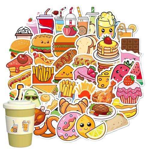 50 Stück Kawaii Aufkleber Set, DIY Dekorations Aufkleber, Süßes Leckeres Essen Thema Aufkleber, Hamburger, Milchtee, Frucht Snacks Sticker, Wasserdicht Vinyl Stickers, Skateboard Laptop Wasserflasche von KkvoGmle