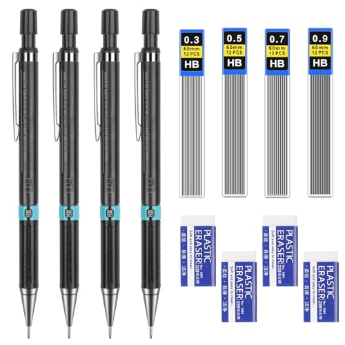 KkvoGmle Druckbleistift Set 0,3/0,5/0,7/0,9 mm, 12 Stück Automatische Mechanische Stifte und 4 Stück Radiergummi, Minenbleistift für Schreiben Zeichnen Hausaufgaben von KkvoGmle