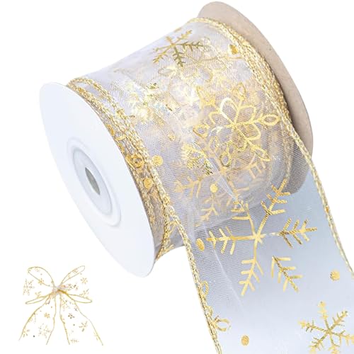 Schneeflocke Organzaband, 1 Rolle 9m Geschenkband mit Draht Gold, 6.3cm Breit Glitter Organza Dekoband, Bänder Handwerk Tüllband, Gold Weihnachtsband für Dekoratives Geschenk, Kranz, Handwerk von KkvoGmle