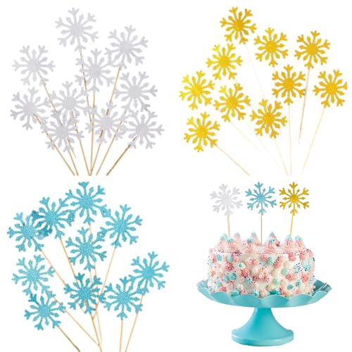 Schneeflocken Deko Dekoration für Kuchen, 30 Stück Schneeflocke Kuchen Topper Glitzer Cupcake Topper, Schneeflocken Frozen Tortendeko für Torten, Zucker, Weihnachten Tortendeko von KkvoGmle