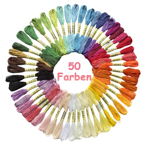 Stickgarn Set 50 Farben, 8 Meter 6-Fädig Embroidery Thread mit Weicher Polyeste, Perfekt für Bracelets, Stickerei, Kreuzstich, Armbänder, Basteln Crafts Set, Anfänger Kreuzstichfaden Regenbogenfarbe von KkvoGmle