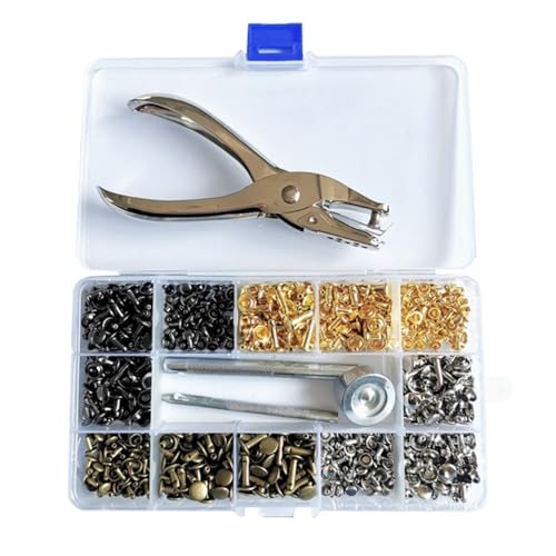 Klaisy Leder Nieten Set 480 Set Metallnieten Doppelkappen mit Nietzange Lochzange Ledernieten 12mm 8mm 6mm Nieten von Klaisy