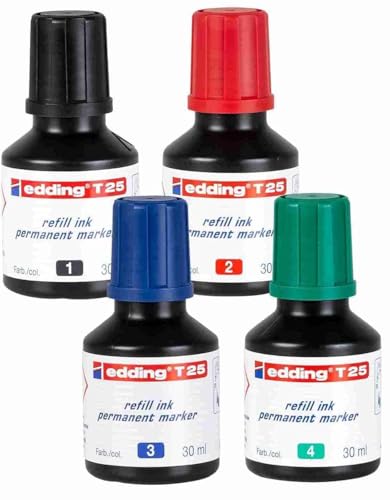 Nachfülltinte mit Tropfendosierer T25 4x30ml Schwarz, Rot, Blau, Grün - geeignet für das schnelle Nachfüllen diverser edding Permanentmarker + Montana BOLD ULTRA INK Marker schwarz von KLAMOTTEN STORE