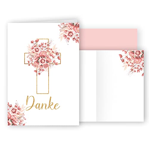 10x Danksagungskarten mit Umschlag Danke Dankeskarten Klappkarten Karten stilvoll kreuz Aquarell zart zur Taufe Kommunion Konfirmation Firmung Trauer Rosa Rosen Blüten Gold Mädchen von Klasse