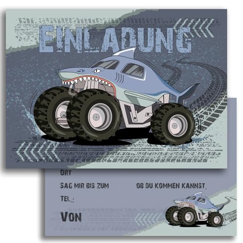 10 Kinder Einladungskarten Einladung Kindergeburtstag Hai Monster Truck Auto Jungen Kinder-Geburtstag Party Einschulung 5 6 7 8 9 10 11 12 von E&G Klasse