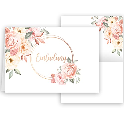 Klasse 10x Einladungskarten Rosen Aquarell mit Umschlägen Klappkarten Einladung Party Geburtstag Umschläge elegant Hochzeit Jubileum 20 30 40 50 60 70 80, weiß Rosa von Klasse