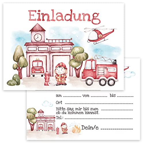 10x Kinder Einladungskarten Einladung Kindergeburtstag Feuerwehr Feuerwehrmann Feuer Geburtstag Pastell Aquarell 10x15 cm Party Kinder 1 2 3 4 5 6 7 8 9 10 11 12 13 von Klasse