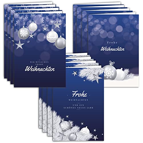 12 Weihnachtskarten Set Klappkarten mit Umschlägen a6 Karte Karten Geschäftlich Umschlag glanz Frohe Weihnachten Merry Christmas xmas Hellblau Dunkelblau Blau Geschenk Weihnachtsgrüße von Fiico