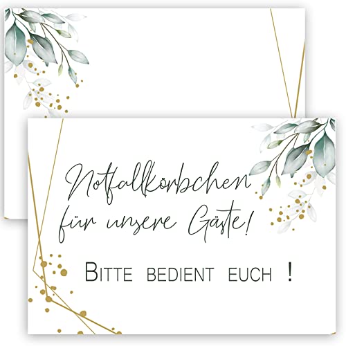 4x Notfallkörbchen Schilder Notfallkorb Schild Karte A6 Karten Feier Geburtstag Hochzeit Hochzeits Notfallset Party Spaß Deko Hochzeitsdeko Grün Weiß Gold Blätter Vintage 30 40 50 60 70 80 90 von Klasse