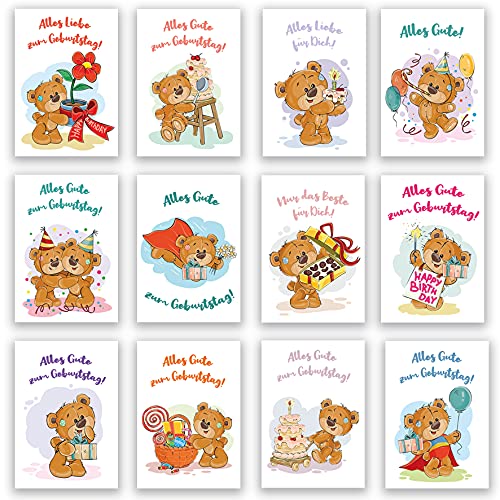 Geburtstagskarten Klappkarten 12er Set mit passenden Umschlägen Glückwunschkarten Geburtstag Alles Gute Happy Birthday Geburtstags Wünsche Liebe Bär Bärchen Kinder Geburtstagskarte (Klappkarte) von Klasse