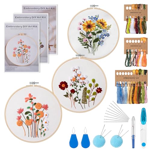 Kldgris Stickset für Anfänger, Blumenmuster Pflanzen Embroidery Kit mit 2 Stück Bambus Stickrahmen, Anleitung und Werkzeuge, Kreuzstich Set für DIY Kunst, Handwerk, Sticken von Kldgris