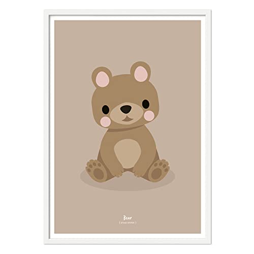 Klebekerlchen Poster 30x40 mit Waldtieren | Dekoration für Kinderzimmer und Babyzimmer | Bilder mit Tiermotiven für Jungen und Mädchen | mit Rahmen Weiß – Bär von Klebekerlchen