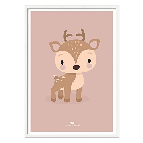 Klebekerlchen Poster 30x40 mit Waldtieren | Dekoration für Kinderzimmer und Babyzimmer | Bilder mit Tiermotiven für Jungen und Mädchen | mit Rahmen Weiß – Reh von Klebekerlchen