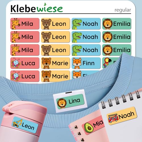 Klebewiese® - Namensaufkleber für Kinder (240 Stück) - Kleidung und Gegenstände - waschmaschinenfest und personalisiert (Farbe: Bunt) von Klebewiese