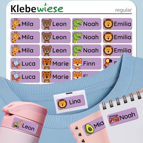 Klebewiese® - Namensaufkleber für Kinder (240 Stück) - Kleidung und Gegenstände - waschmaschinenfest und personalisiert (Farbe: Violett) von Klebewiese