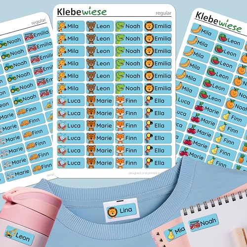 Klebewiese - Namensaufkleber für Kinder, Kita und Schule - Kleidung, Stifte, Schulsachen – waschmaschinenfest (Blau, 144 Stück) von Klebewiese