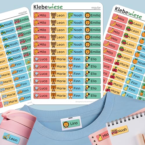 Klebewiese® - Namensaufkleber für Kinder (48 Stück) - Kleidung und Gegenstände - waschmaschinenfest und personalisiert (Farbe: Bunt) von Klebewiese