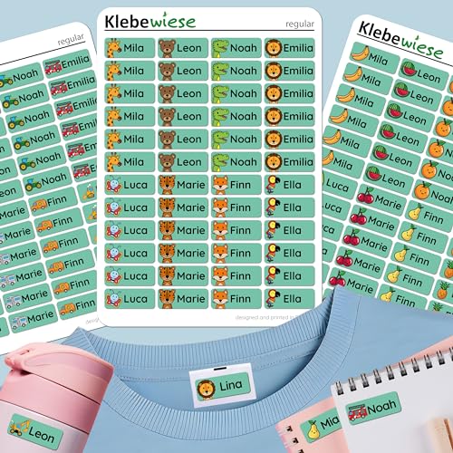 Klebewiese® - Namensaufkleber für Kinder (144 Stück) - Kleidung und Gegenstände - waschmaschinenfest und personalisiert (Farbe: Grün) von Klebewiese