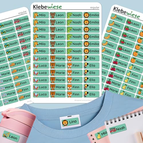 Klebewiese - Namensaufkleber für Kinder, Kita und Schule - Kleidung, Stifte, Schulsachen – waschmaschinenfest (Grün, 144 Stück) von Klebewiese