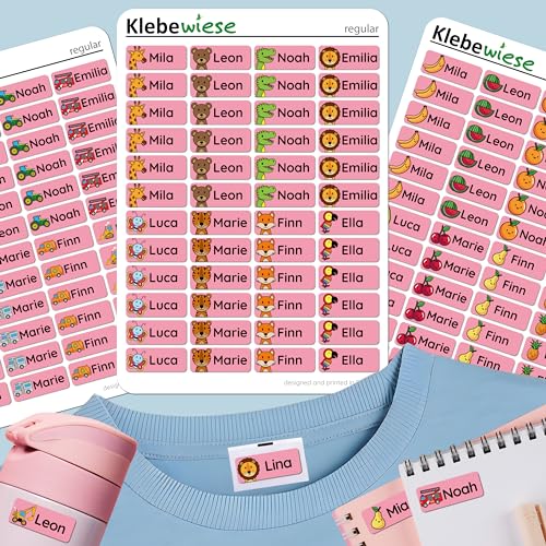 Klebewiese - Namensaufkleber für Kinder, Kita und Schule - Kleidung, Stifte, Schulsachen – waschmaschinenfest (Rosa, 144 Stück) von Klebewiese