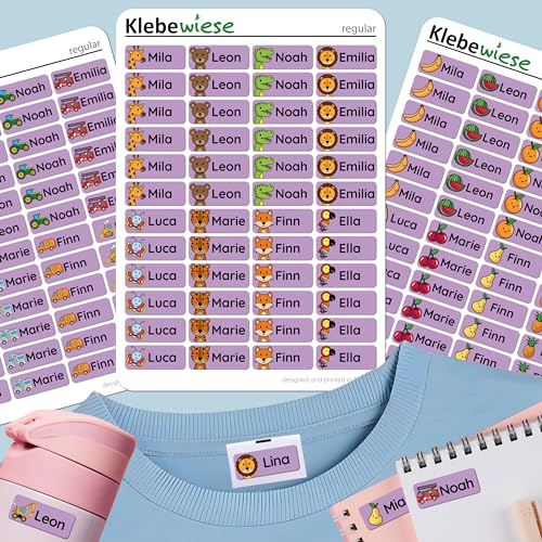 Klebewiese - Namensaufkleber für Kinder, Kita und Schule - Kleidung, Stifte, Schulsachen – waschmaschinenfest (Violett, 240 Stück) von Klebewiese