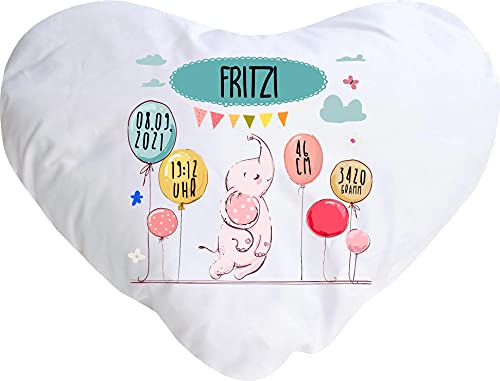 Kleckerliese Baby Kinder Kissen Personalisiert Kissenhülle Tiere Elefant Balon Wolken Name Geburt Datum Uhrzeit Gewicht, 40x44 cm Farbe Weiß mit Füllung von Kleckerliese