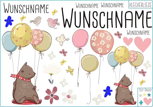 Kleckerliese Bügelbild DIY Wunschname Bär Set aus Tieren Ballons Blumen Herzen und Namen Personalisiertn von Kleckerliese