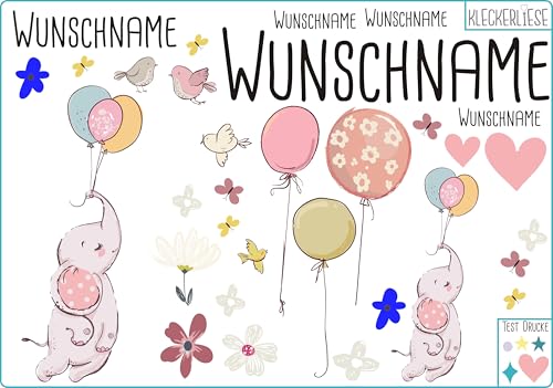 Kleckerliese Bügelbild DIY Wunschname Elefant Set aus Tieren Ballons Blumen Herzen und Namen Personalisiertn von Kleckerliese