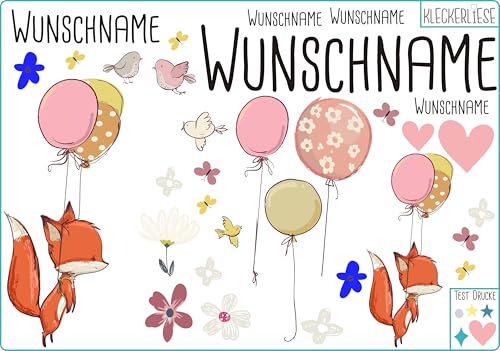 Kleckerliese Bügelbild DIY Wunschname Fuchs Set aus Tieren Ballons Blumen Herzen und Namen Personalisiertn von Kleckerliese