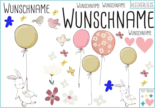 Kleckerliese Bügelbild DIY Wunschname Hase Set aus Tieren Ballons Blumen Herzen und Namen Personalisiert von Kleckerliese