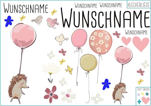 Kleckerliese DTF Bügelbild DIY Wunschname Igel Set aus Tieren Ballons Blumen Herzen und Namen Personalisiert von Kleckerliese