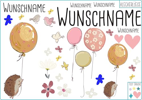 Kleckerliese Bügelbild DIY Wunschname Igel Set aus Tieren Ballons Blumen Herzen und Namen Personalisiertn von Kleckerliese