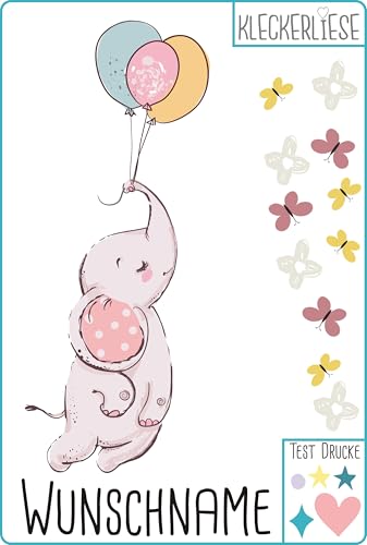 Kleckerliese Bügelbild DIY Wunschname Tiere Elefant Ballons Blumen Schmetterlinge von Kleckerliese