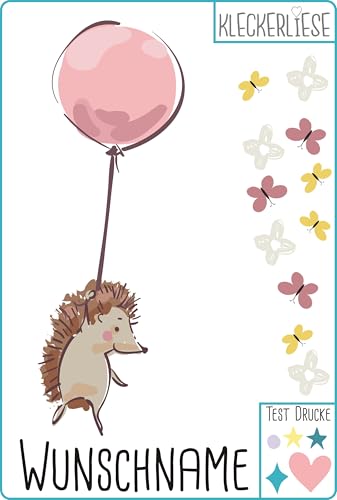 Kleckerliese Bügelbild DIY Wunschname Tiere Igel Ballons Blumen Schmetterlinge von Kleckerliese