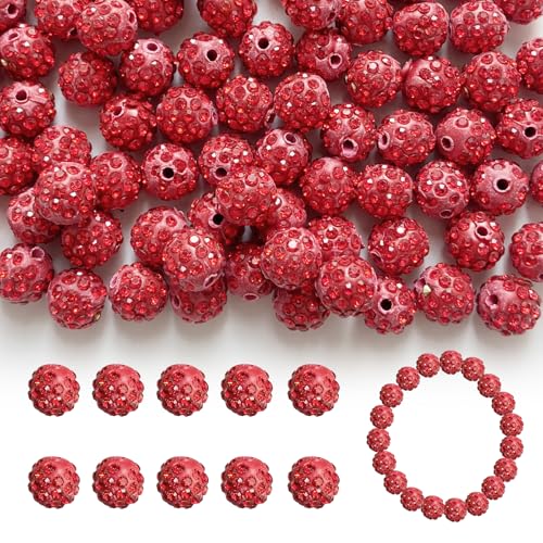 Kleeblatt Strass-Perlen zur Schmuckherstellung, 100 Stück, 10 mm, Ton, Kristall, Abstandshalter, Bubblegum, Discokugel, bunte Glitzer-Perlen, runde Perlen für Armbänder, Rot von Kleeblatt