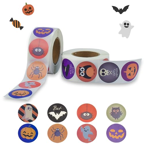 Kleemeiero 1000 Stück Halloweens Aufkleber Halloween Sticker Halloween-Kürbis-Fledermaus-Spinnen-Aufkleber Rolle Selbstklebende Kürbisaufkleber Aufkleber Backetikett für Halloween Party Favors Decor von Kleemeiero