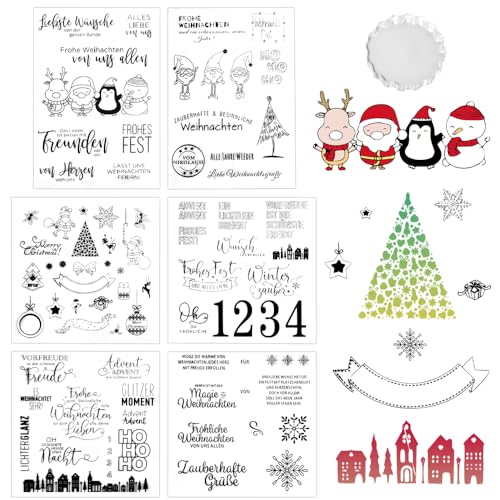 Kleemeiero 6 Blätter Silikonstempel Weihnachten Deutsch Frohe Weihnachten Stempel Weihnachts-Klarstempel Weihnachtsstempel mit Transparentes Stempelbrett für DIY Bullet Journal Scrapbooking Fotoalbum von Kleemeiero