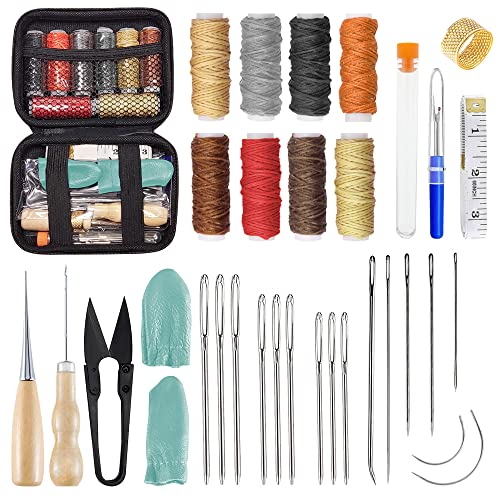 Kleemeiero Leder Werkzeuge Set, 32 PCS Leder Nähen Set Lederhandwerkzeug Leder Handwerk DIY Hand Nähen Kit mit Leder Nadel, Polsterfaden Nähahle, Aufbewahrungstasche, Fadenschere und Andere Zubehör von Kleemeiero