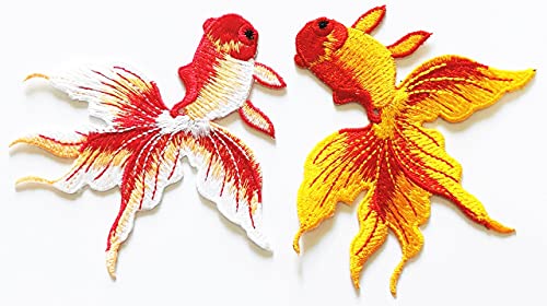 Kleenplus Goldfish 2 Stück Glücksfisch Japanischer Goldfisch Karpfen Cartoon Patch DIY bestickte Applikationen zum Aufnähen / Aufbügeln für Taschen, Jacken, T-Shirts, besticktes Schild, Abzeichen von Kleenplus