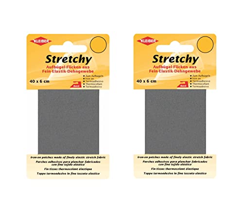 Bügel Flicken Aufbügelflicken Marke Kleiber Stretchy 100% Polyester 2er Set Reparatur Flicken für Stretchstoffe 2 Flicken a 40cm x 6 cm Dehnbar Grau von Kleiber