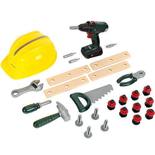 Theo Klein 8417 Bosch Handwerker-Set, 37-teilig I Kinder-Akkuschrauber mit Licht & Sound I Werkzeug und Werkbank- Zubehör wie Hammer, Säge, Bauarbeiter-Helm u.v.m. I Spielzeug für Kinder ab 3 Jahren von Theo Klein