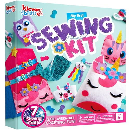 Klever Kits Mein Erstes Filz-Nähset für Kinder ab 6+Jahre,bastelset für Anfänger,Nähset enthält 7 DIY Nähprojekte,Einhorn Kissen,Schlüsselring und Tasche, Anleitung und Filz,Geschenk Mädchen von Klever Kits